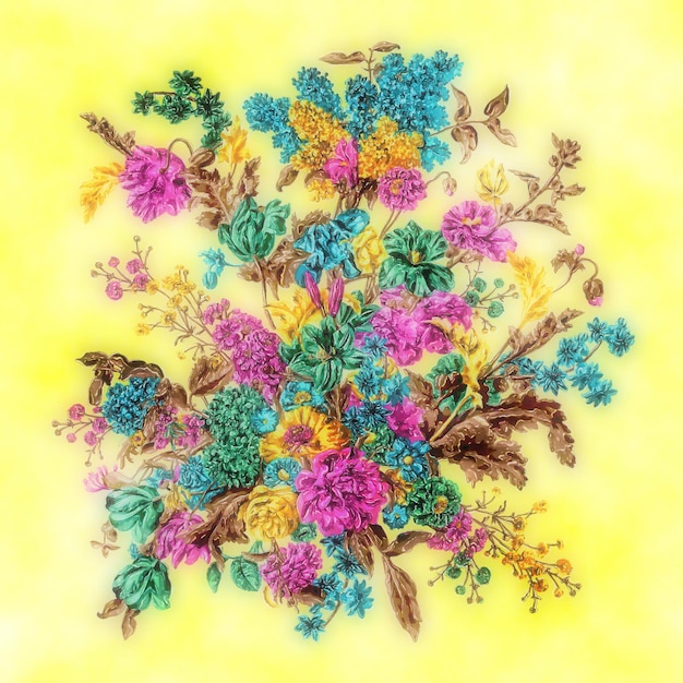 Kolorowe kwiaty haftowane na płótnie